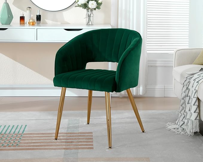 KCC Modern Velvet Desk Chair Accent Armchair Upholstered Tufted Chairs Dining Chairs, Tufted Vanity Chairs Side Chairs with Gold Metal Legs for Dinging Room Living Room Restaurant, 1 PC & Green