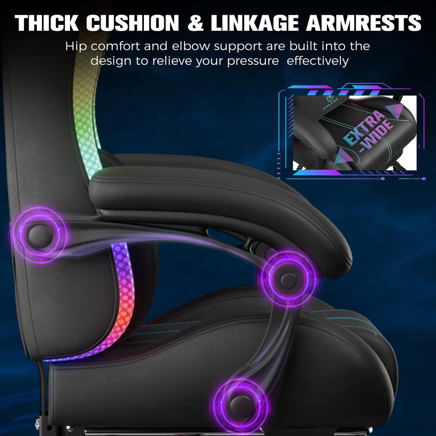 GTPLAYER Gaming Chair with Speakers, Computer Chair with RGB LED Lights, High Back Ergonomic Chair for Adults with Footrest, Reclining Office Chairs, Linkage Armrest, Black Blue