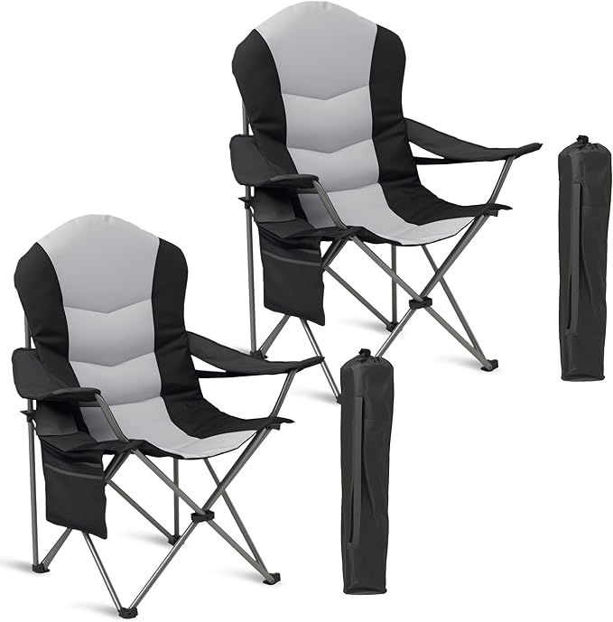 Foristrail 2 Pack Folding Camping Chairs for Adults - High Back Padded Outdoor Lawn Chairs with Lumbar Support & Cup Holder, 400lbs Heavy Duty Portable Camping Chairs Set (Light Black & Gray, 2 PCS)