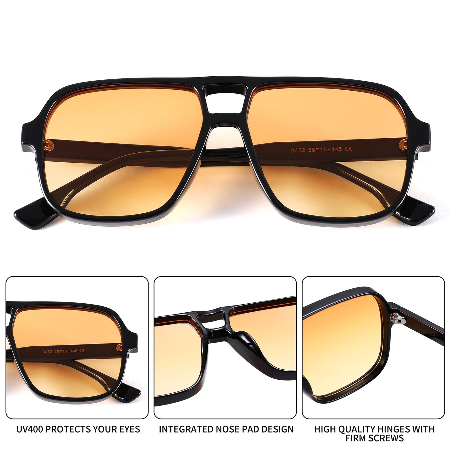 GLARDEFE Oversized Aviator Sunglasses for Women Men - Retro 70s Square Shades Sun Glasses(Black/Gradient Orange + Green/Gradient Orange + Black/Gradient Grey)