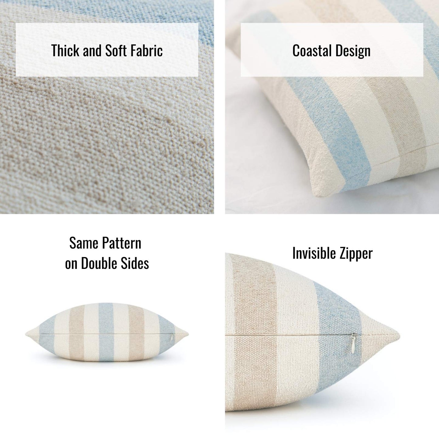 Hofdeco Beach Coastal Decorative Pillow Cover ONLY for Couch, Sofa, or Bed, Light Blue Tan Taupe Woven Stripe, 18"x18"