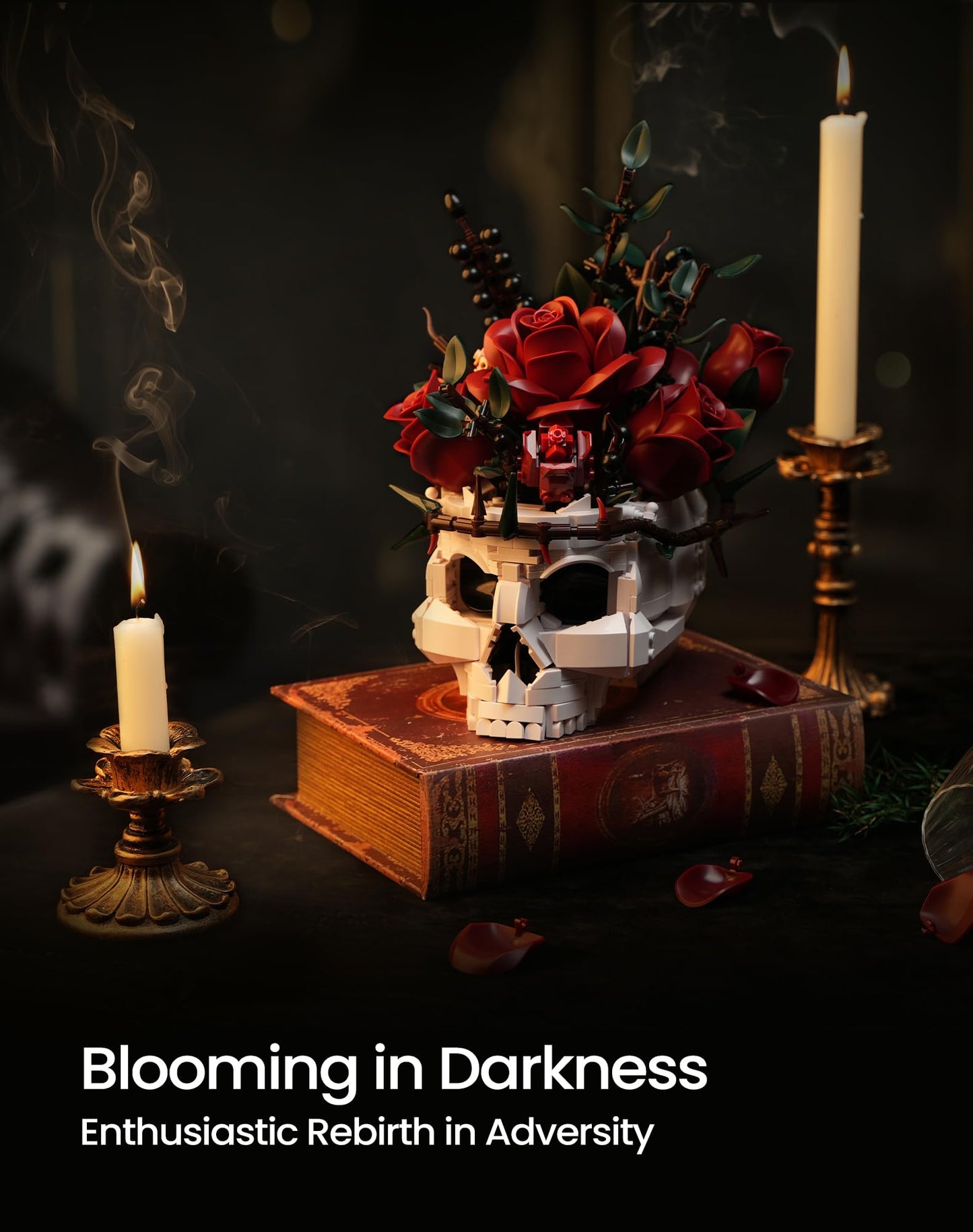 Skull Rose Bouquet Building Set, Compatible with Lego Flowers for Adult - Halloween Gothic Horror Skeleton Plant Pot Home Decor - Artificial Flower Botanical Collection Gifts, IA11008