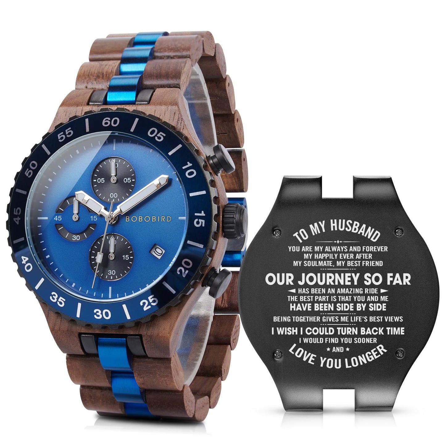 2win Engraved Wooden Watches for Men Blue Date Chronograph Military Luxury Personalized Customized Wrist Watches Anniversary Watch Gift for Husband My Man Boyfriend (A-for-Husband)