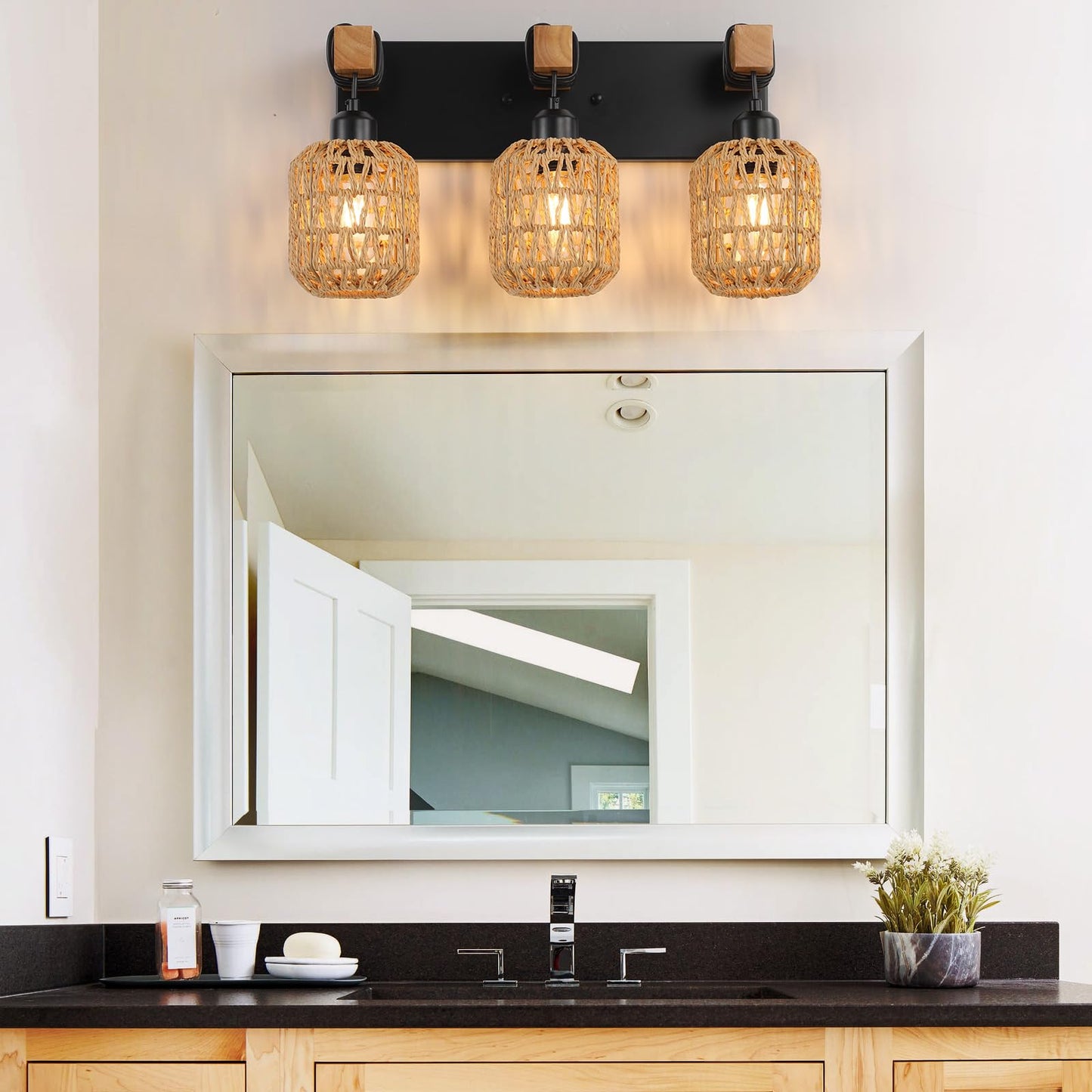 3 Light Bathroom Vanity Light Fixtures， Rustic Style Wood Bathroom Wall Sconce， with Boho Wicker Lampshade，Suitable for Bedroom, Hallway, and Living Room，Rattan Black Farmhouse Wall Sconce