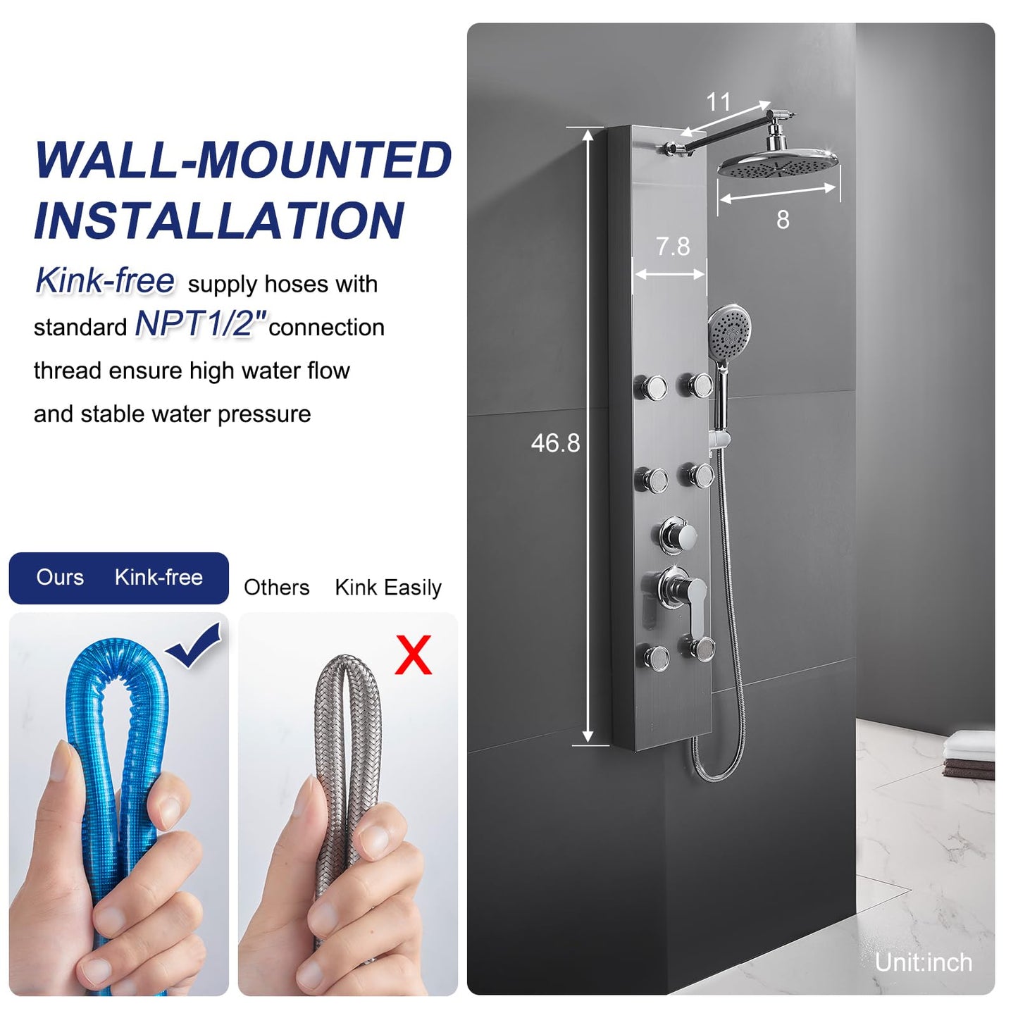 ROVATE Shower Panel Tower System 304 Stainless Steel, Shower Panel System with Adjustable Rainfall Shower Head, 6 Body Massage Jets and 5 Functions Handheld, Brushed Surface
