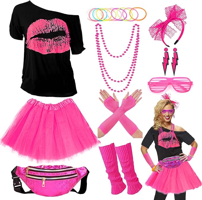 Upgraded 80s Outfit Costume for Women,80s Party Costume Accessory Sets with T-Shirt Tutu Skirt Waist Pack etc