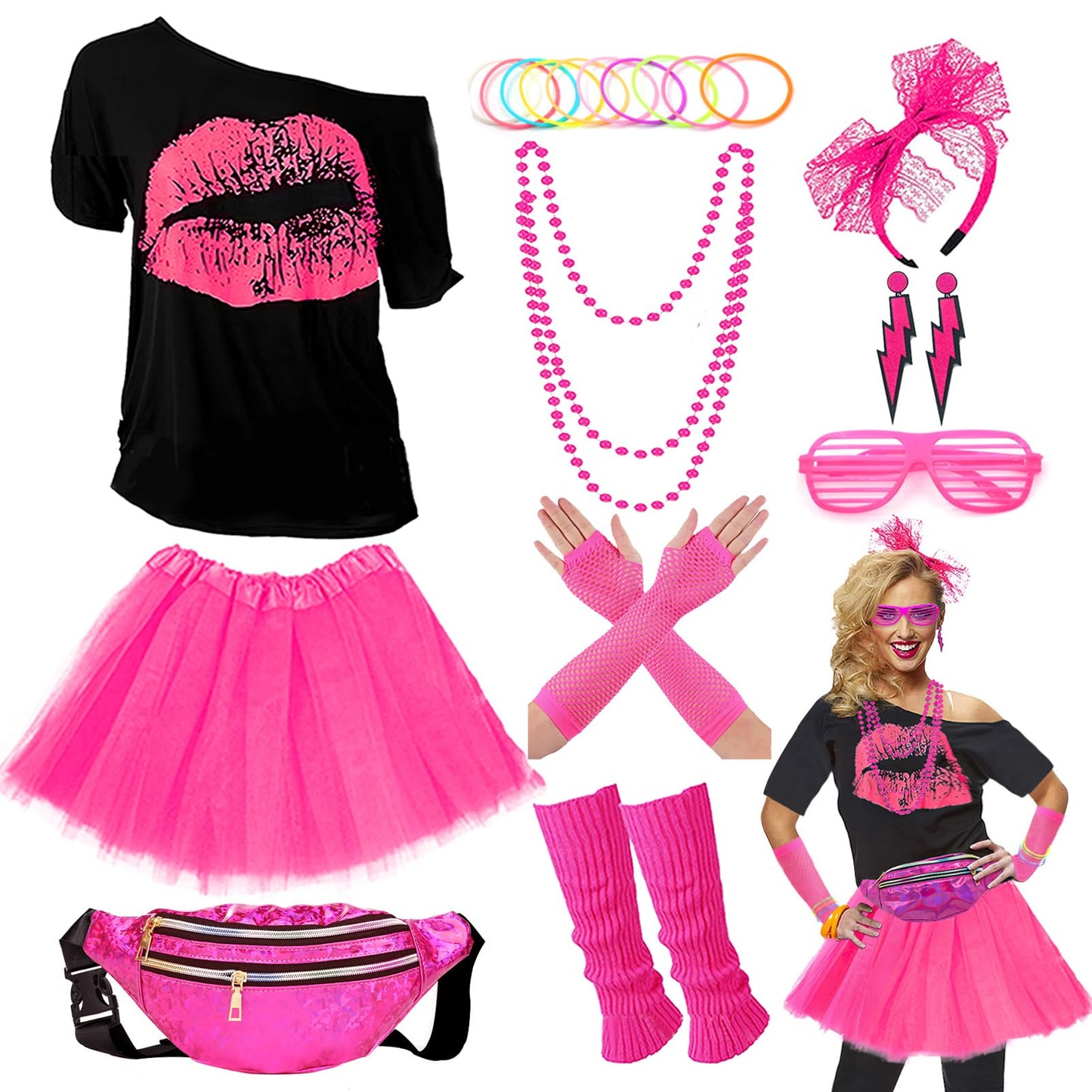 RonFoxi 80s Accessories Sets for Women, 80s Outfits T-Shirt Tutu Skirt Fishnet Gloves for 80s Prom Party(Rose Red-L)