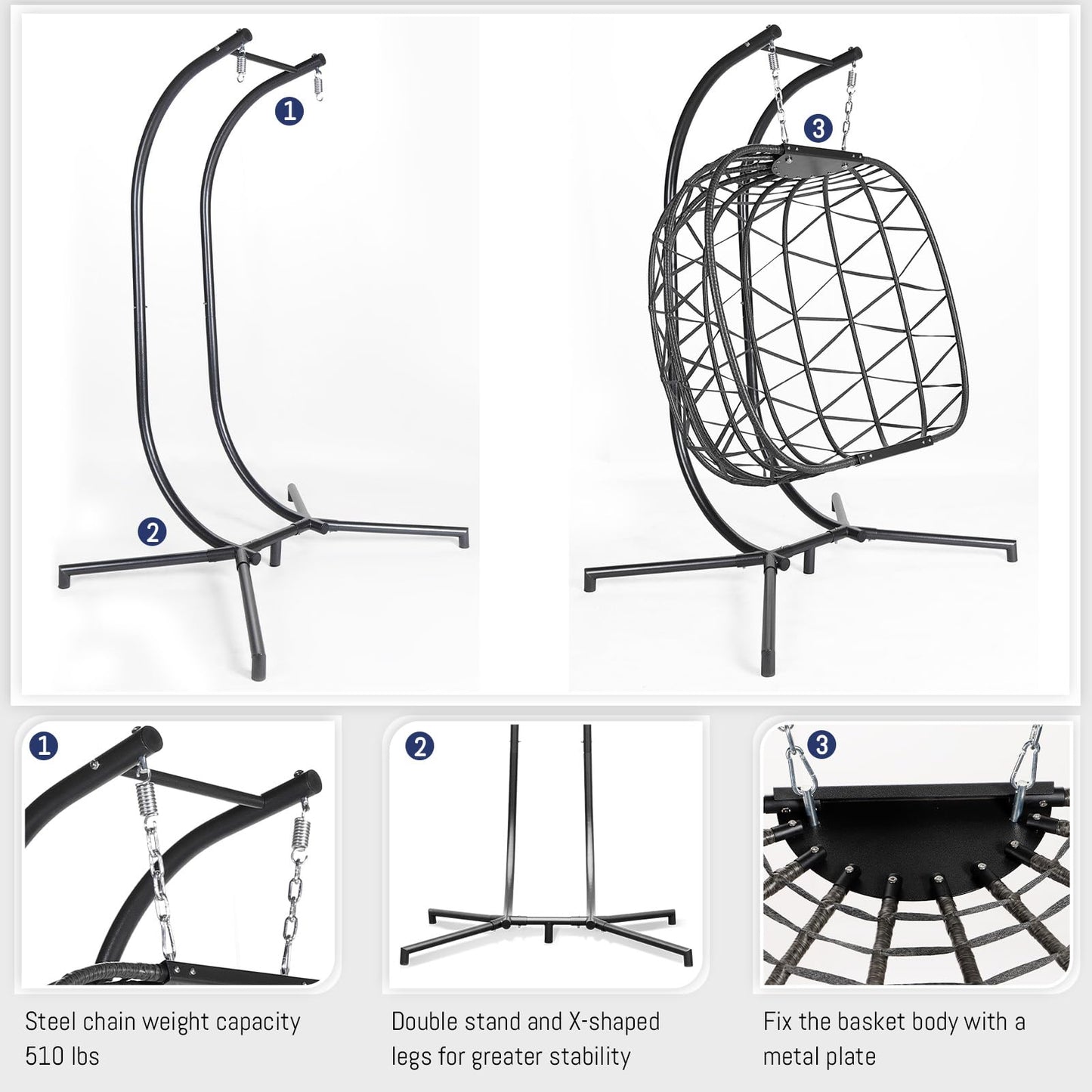 BLUEXYARD Extra Large Double Hanging Egg Chair with Stand, 2 Person Outdoor Indoor Swing Chair, 700 Lbs Heavy‑Duty Wicker Hammock Loveseat with Cushion for Patio Balcony Backyard, Dark Gray