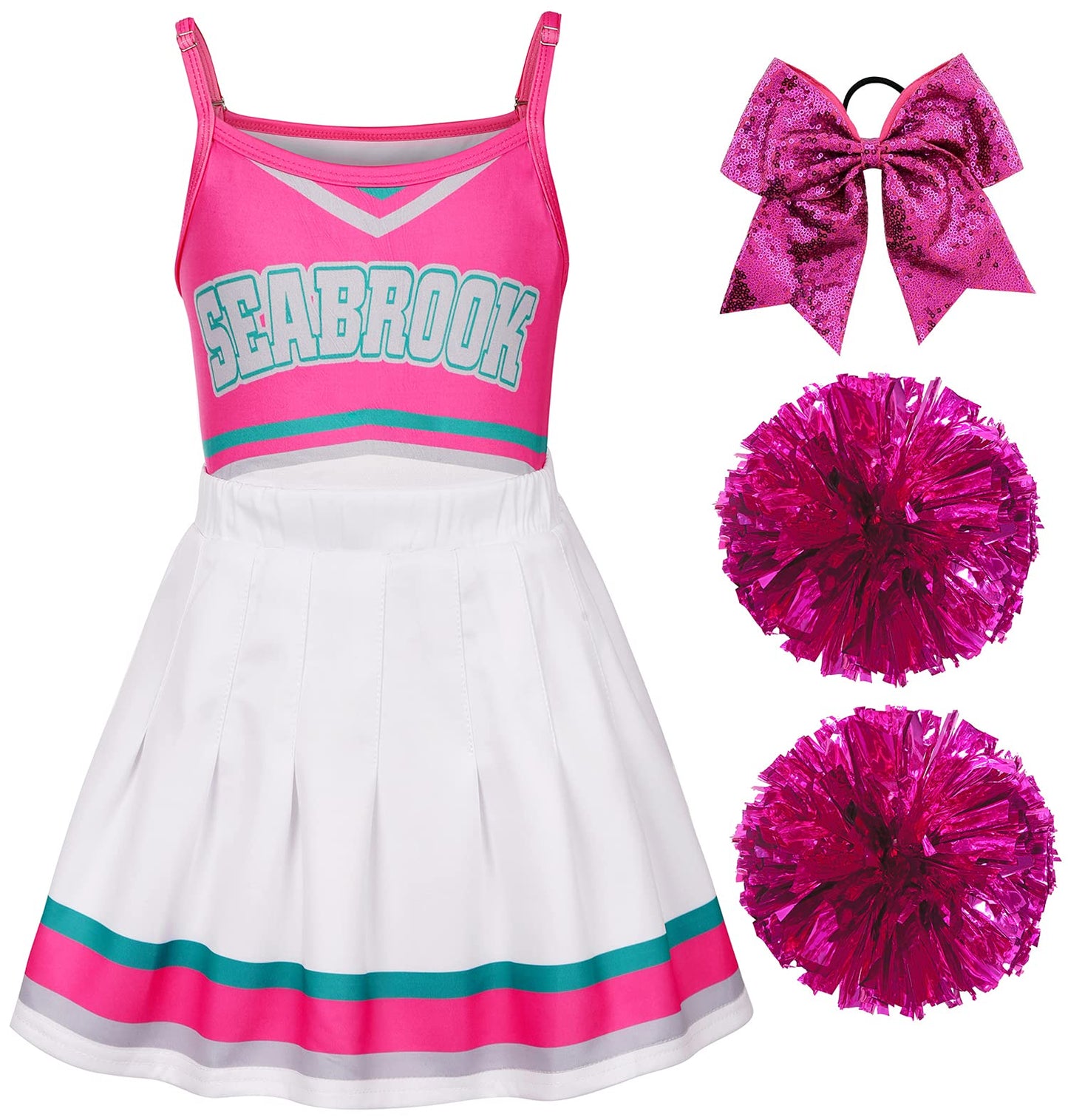 Koatobbor Girls Cheerleader Costume Halloween Party Dress Up with Accessories (Pink, 9-10 Years)