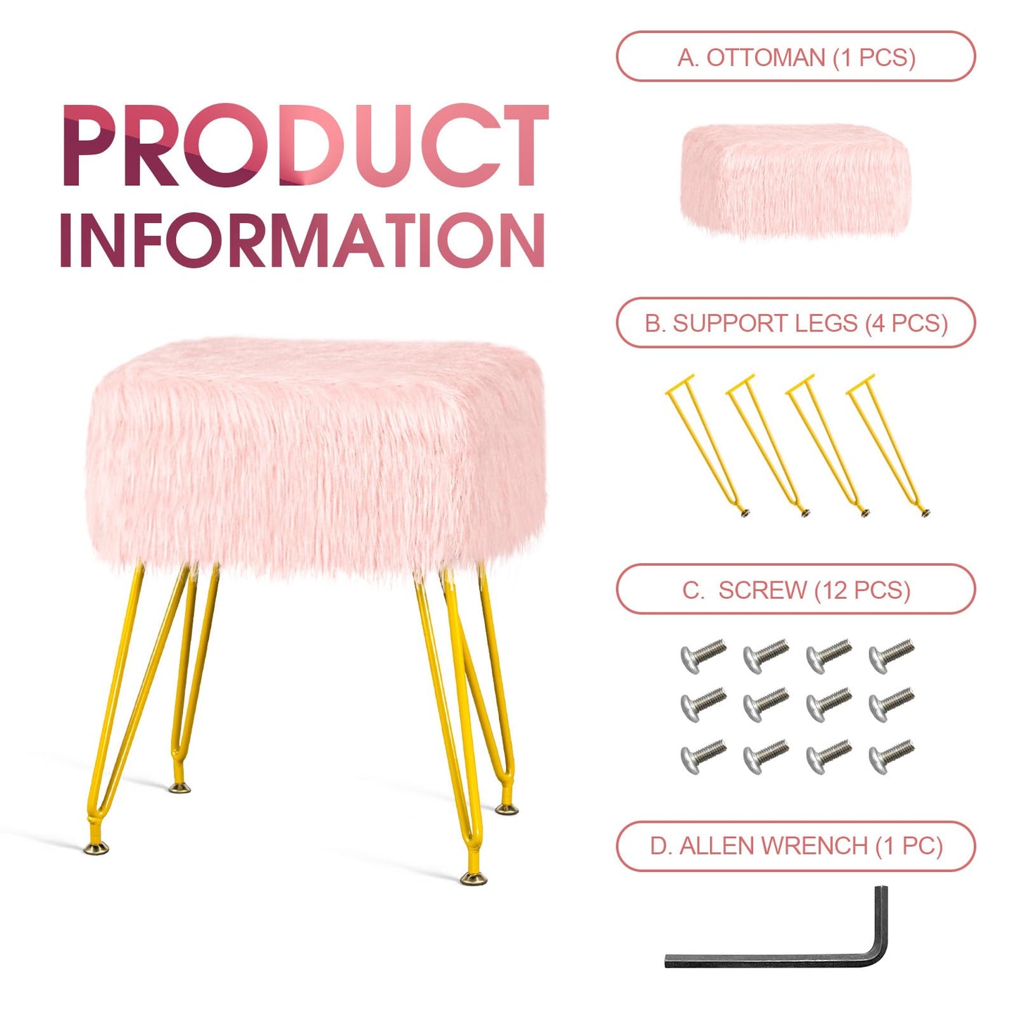 MOOWIND Vanity Stool Chair with Storage, Soft Ottoman Seat Vanity Stool with Anti-Slip Feet, Fluffy Padded Seat Multifunctional Footrest Side Table with 4 Metal Legs for Makeup, Bedroom, Pink