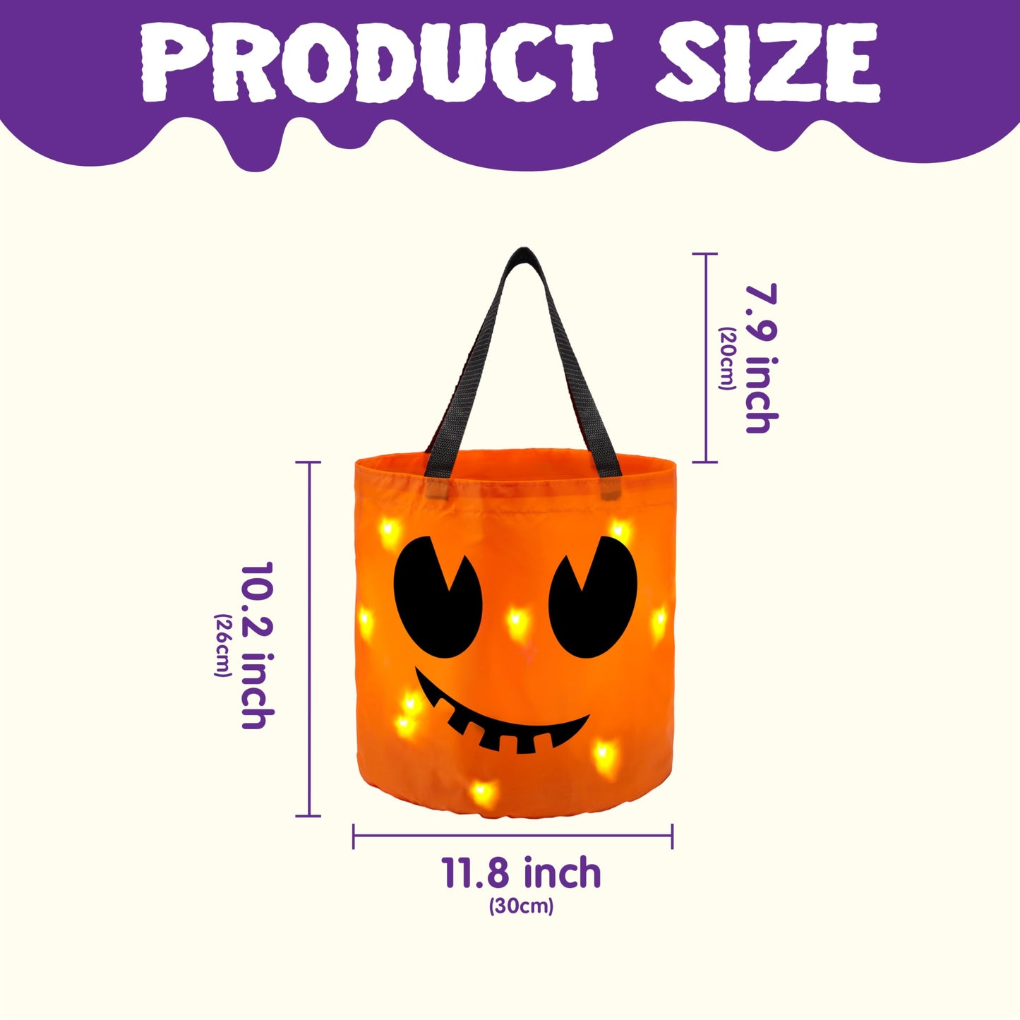 JOYIN 3 PCS Halloween Candy Pumpkin Buckets, 10.2 x 11.8 LED Light Trick or Treat Buckets, Orange Reusable Goody Treat Baskets for Kids Polyester Bags, Halloween Birthday Party Favor Supplies