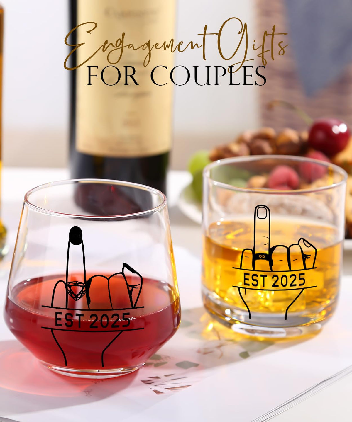 comfit Engagement Gifts for Couples 2025 - Bridal Shower Gift - Wedding Gifts for Couples, His and Hers, Newlywed - Wine&Whiskey Glass for Mr and Mrs