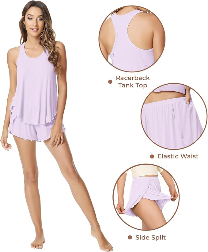 NACHILA Pajamas for Women-Viscose from Bamboo, Ribbed Racerback Tank Top Sexy Split Shorts Pajama Sets Cooling Sleep Cami Pjs