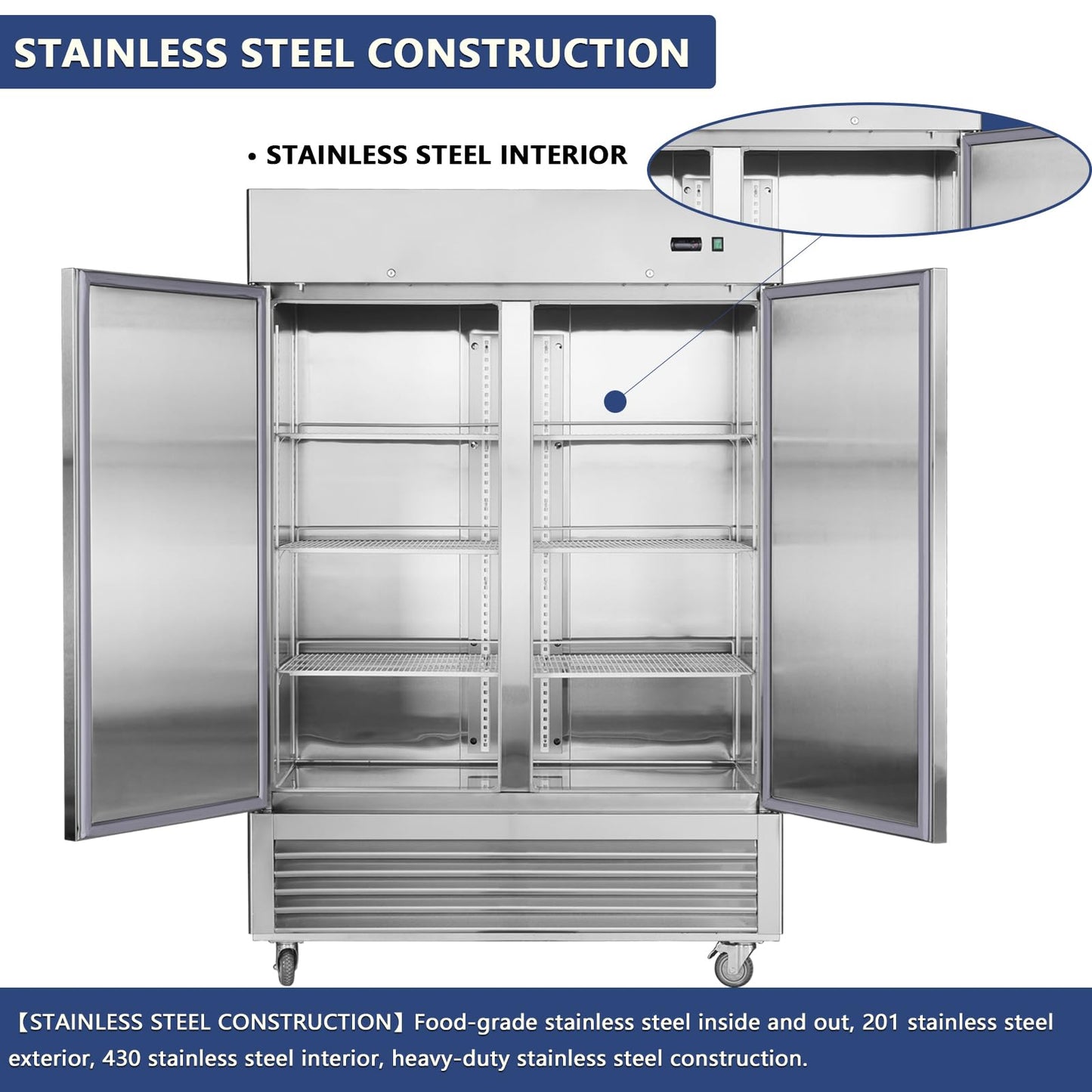 Commercial Refrigerator 54"W 2 Section 2 Solid Door Stainless Steel Interior and Exterior Construction Upright Fan Cooling