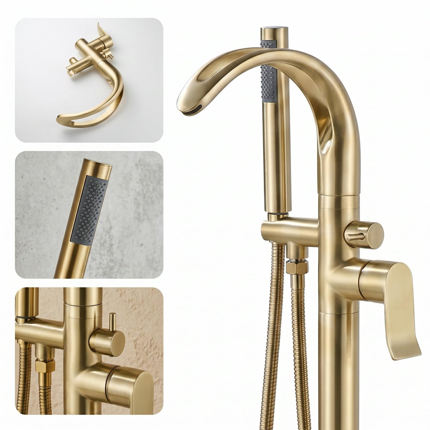 GOODBEING Freestanding Bathtub Faucet Stand Alone High Flow Brass Brush Gold Tub Filler, Free Standing Unique Bath Tub Faucet with Sprayer, Tub Shower Faucet Set (BG-Waterfall)