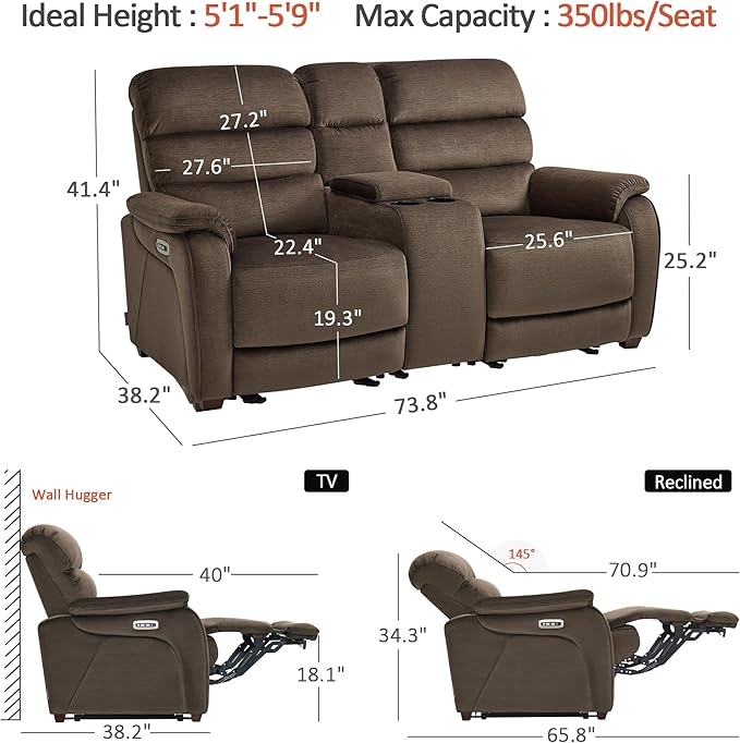 MCombo 73.8'' Wall Hugger Power Loveseat Recliner, Reclining Loveseat with Console, Adjustable Headrest, USB Charge Ports, Cup Holders, for Living Room, RVs, Small Spaces, Fabric ST258M2 (Coffee)