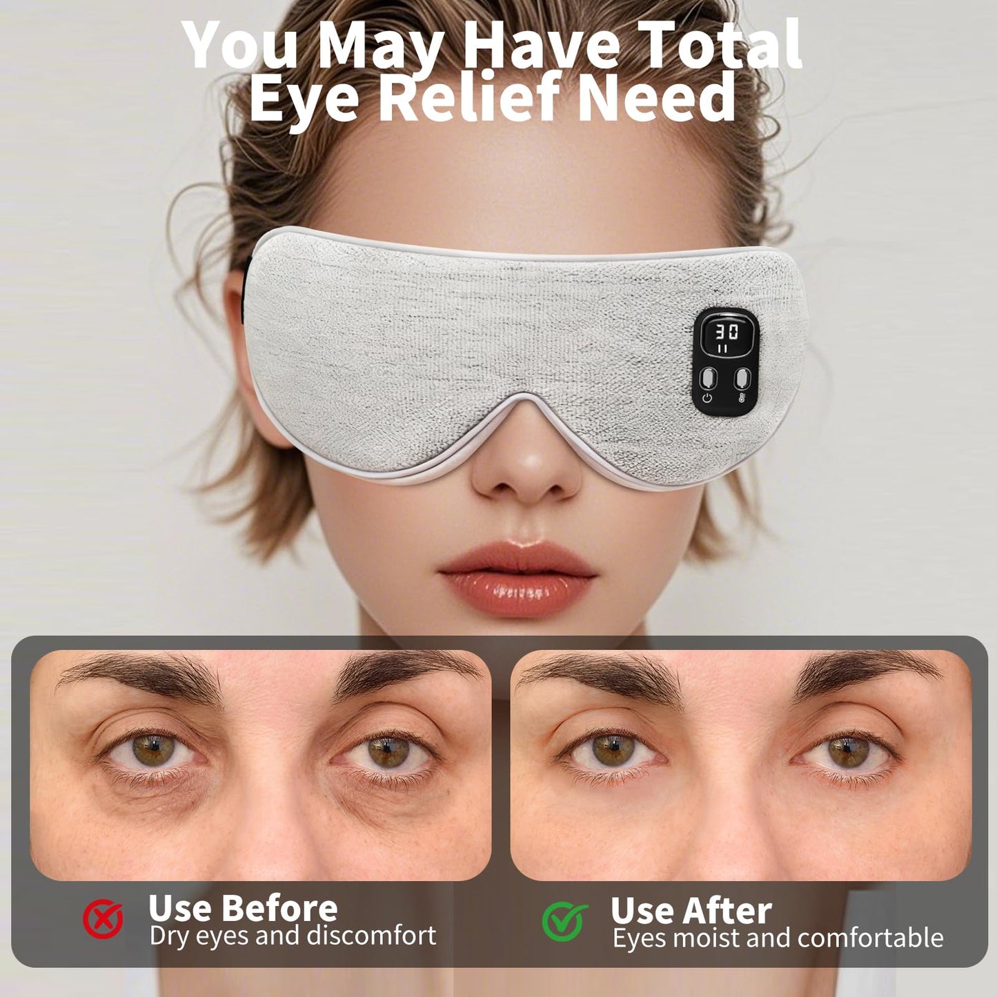 Heated Eye Mask - Cordless Eye Mask for Dry Eyes, Eye Relief, Improved Sleep, Washable Eye Heating pad for Travel Removable for Cleaning and 2 Covers, 4-Level Timing and Temperature (Gray)