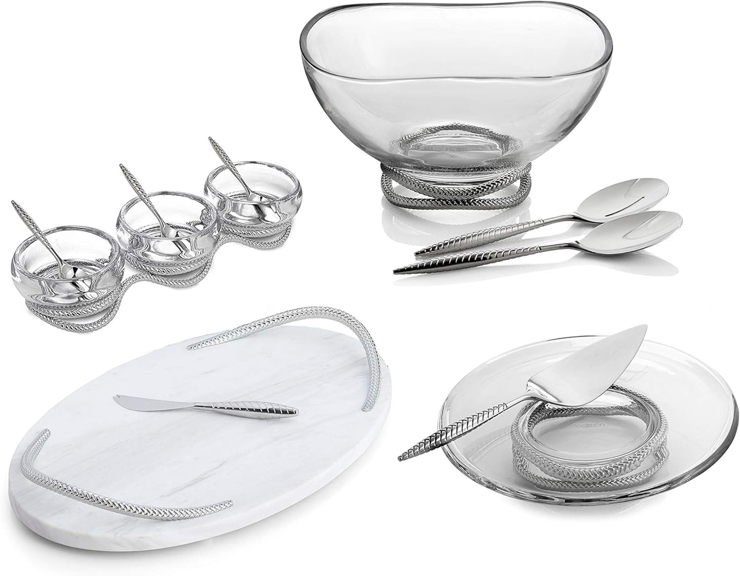 Nambe Braid Condiment Set with Spoons, Modern Scandinavian Glass Bowls on Braided Stainless Steel & Chrome Base - Decorative Serving Set for Sauces, Nuts, Appetizers & Snacks, Designed by Sean O’Hara