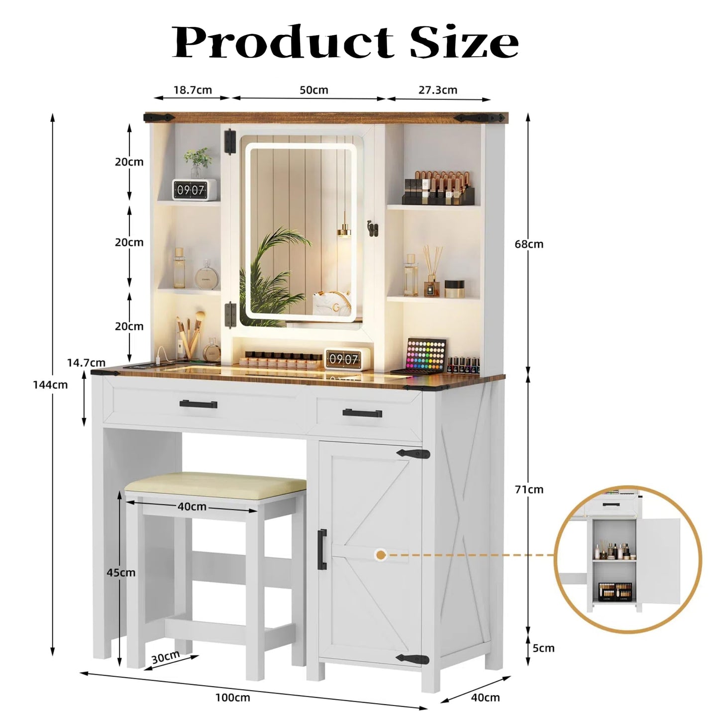 GlasFlength Farmhouse Makeup Vanity with Lighted Mirror,Vanity Desk with Charging Station,Vanity Table with Hidden Jewelry Cabinet,40'' Makeup Table with Glass Tabletop,Stool Included,Vintage White