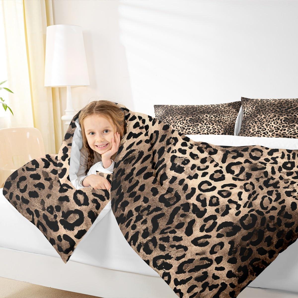 Leopard Comforter Set Full Size Brown Bedding Set 3pcs for Kids Teens Room Decor,Animal Cheetah Quilt Set Modern Luxury Soft Breathable Duvet Insert with 2 Pillowcases