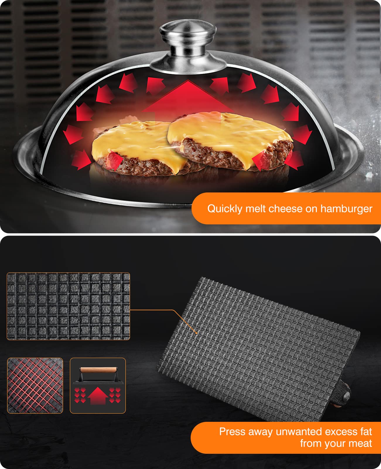 Homenote Griddle Accessories For Blackstone, Commercial Grade 12 Inch Heavy Duty Melting Dome With Rectangle Cast Iron Smash Bur