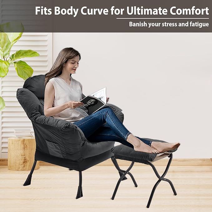 Youtanic Lazy Chair with Folding Ottoman, Accent Chair Velvet Upholstered with Metal Structure and Non-Slip Pads, Sofa Armchair with Footrest and Side Storage Bag for Dorm, Office, Charcoal