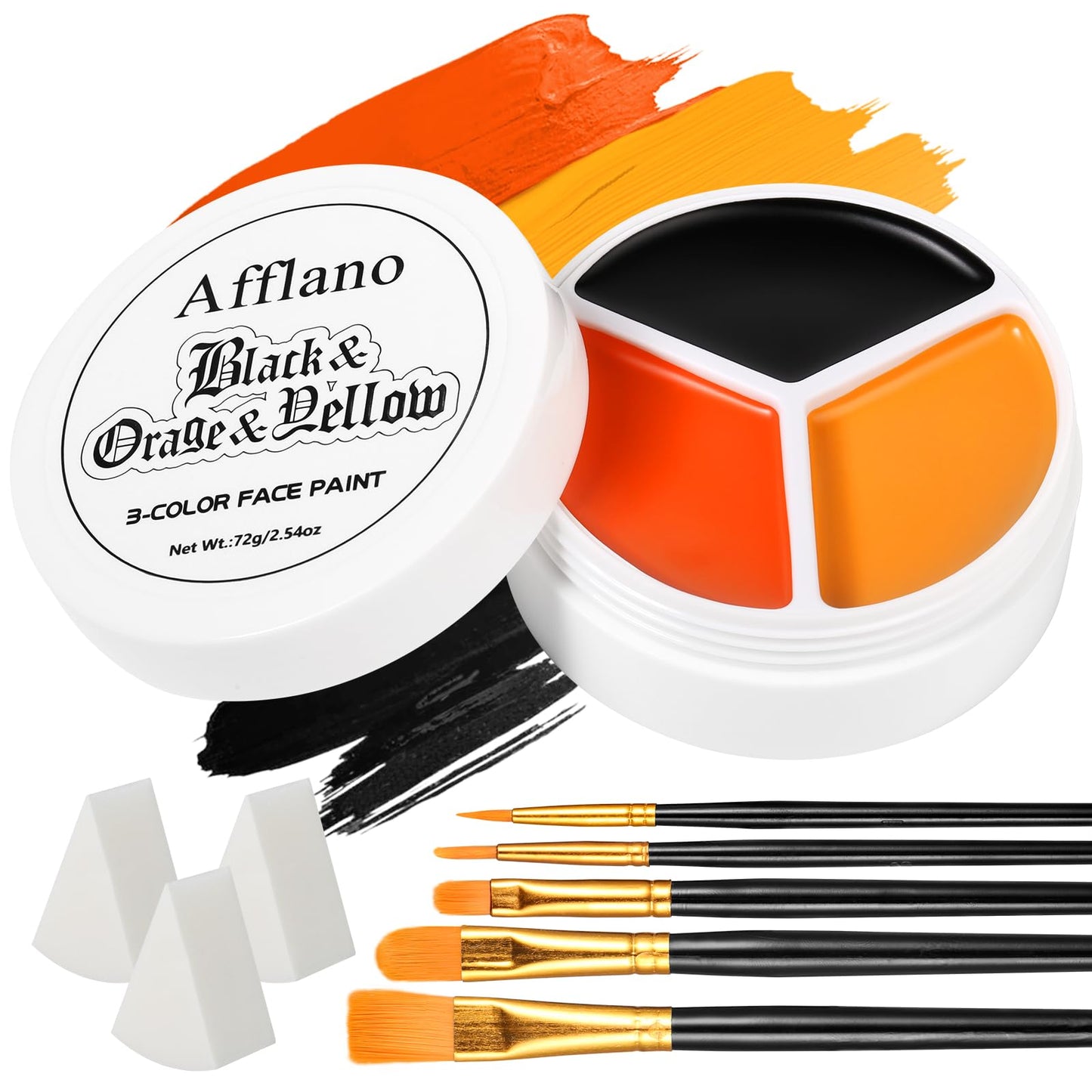 Black Orange Yellow Face Body Paint, Halloween Scarecrow Makeup Kit (3 Sponges + 5 Brushes), 9 Pcs Oil Based Non Toxic Face Pain