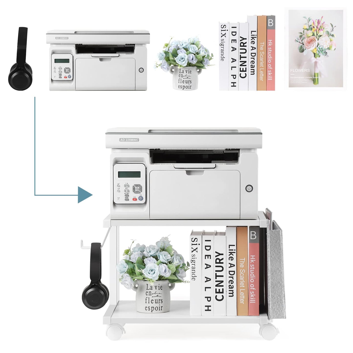 Printer Stand Under Desk Printer Table with Wheels 2 Tier Small Printer Cart with Storage Bag Desktop White Printer Stands for Home Office Fax Machine Scanner Files (White)
