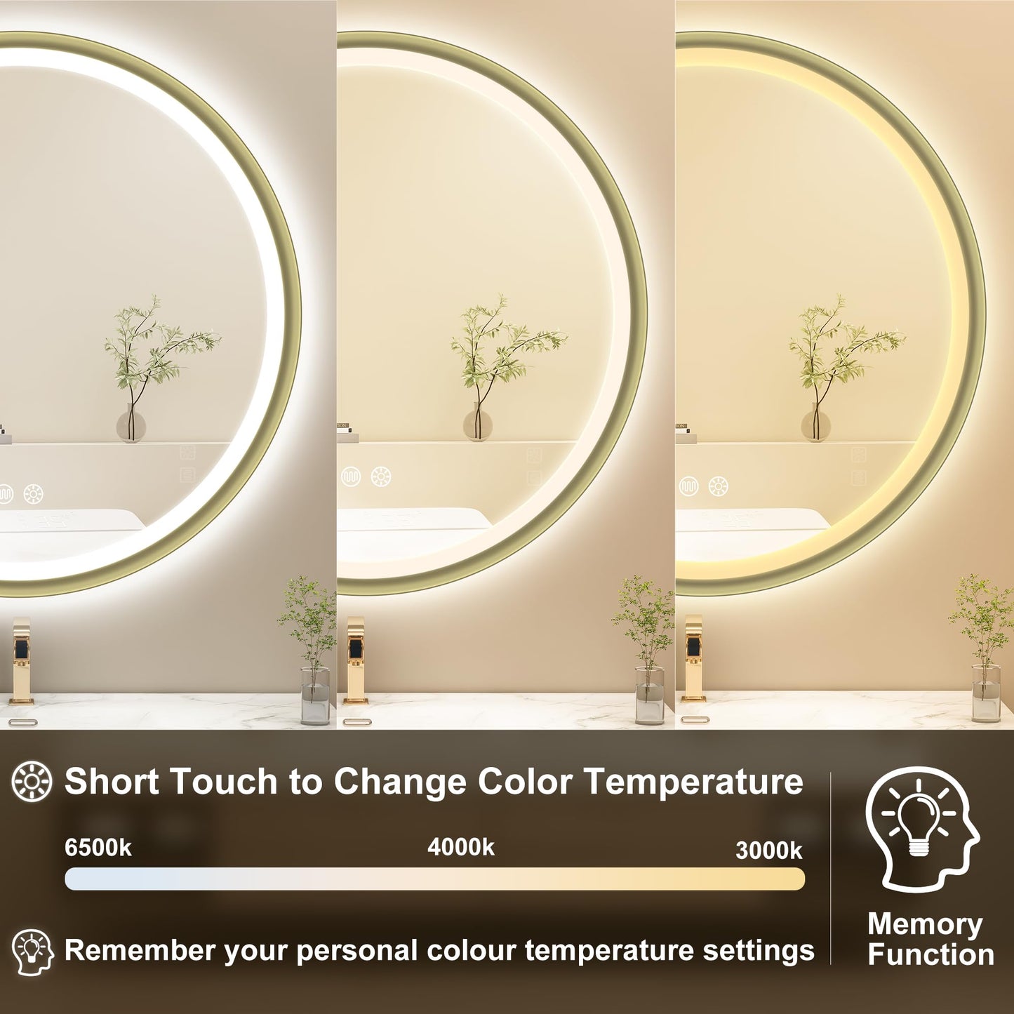 S'bagno 32" Round Gold LED Mirror for Bathroom With Frontlit & Backlit, Metal Frame, Anti-Fog, Stepless Dimmable, 3 Colors Temperature Vanity Mirror