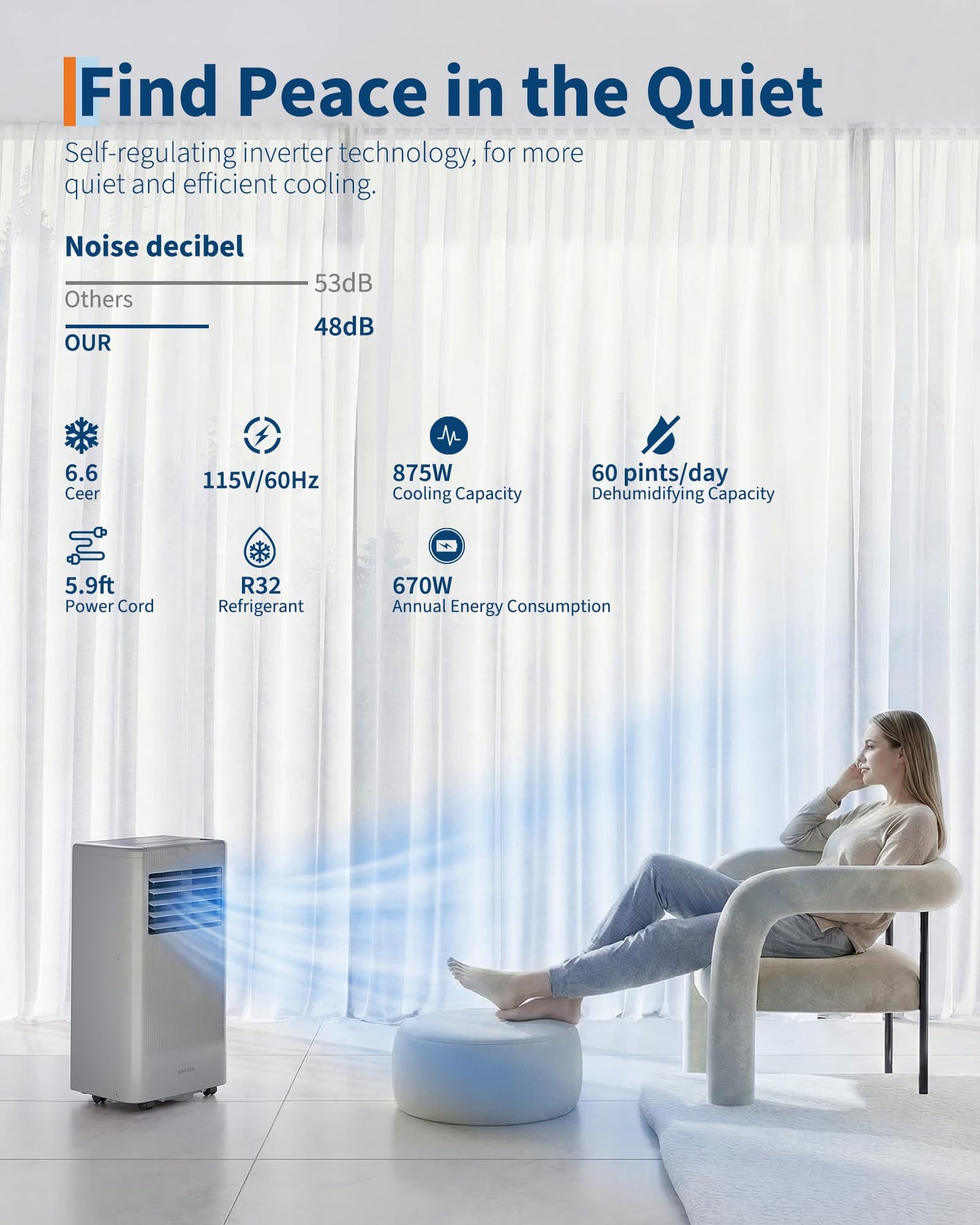Garvee 10000BTU Portable Air Conditioner,Up to 450 Sq.Ft. Remote Control Silent Portable AC Unit, Dehumidifier,Fan,Sleep Mode,24H Timer&Installation Kit,DOE Certified,Ceer 6.7 Grey