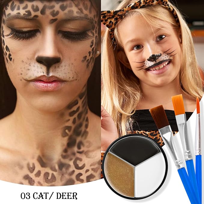 Black White Metallic Brown Face & Body Paint - Blendable Facepaint Foundation with Sponge & Brush for Skin, Professional Halloween Face Make-up Kit for Cat Deer Cheetah Leopard Tiger Lion Costume