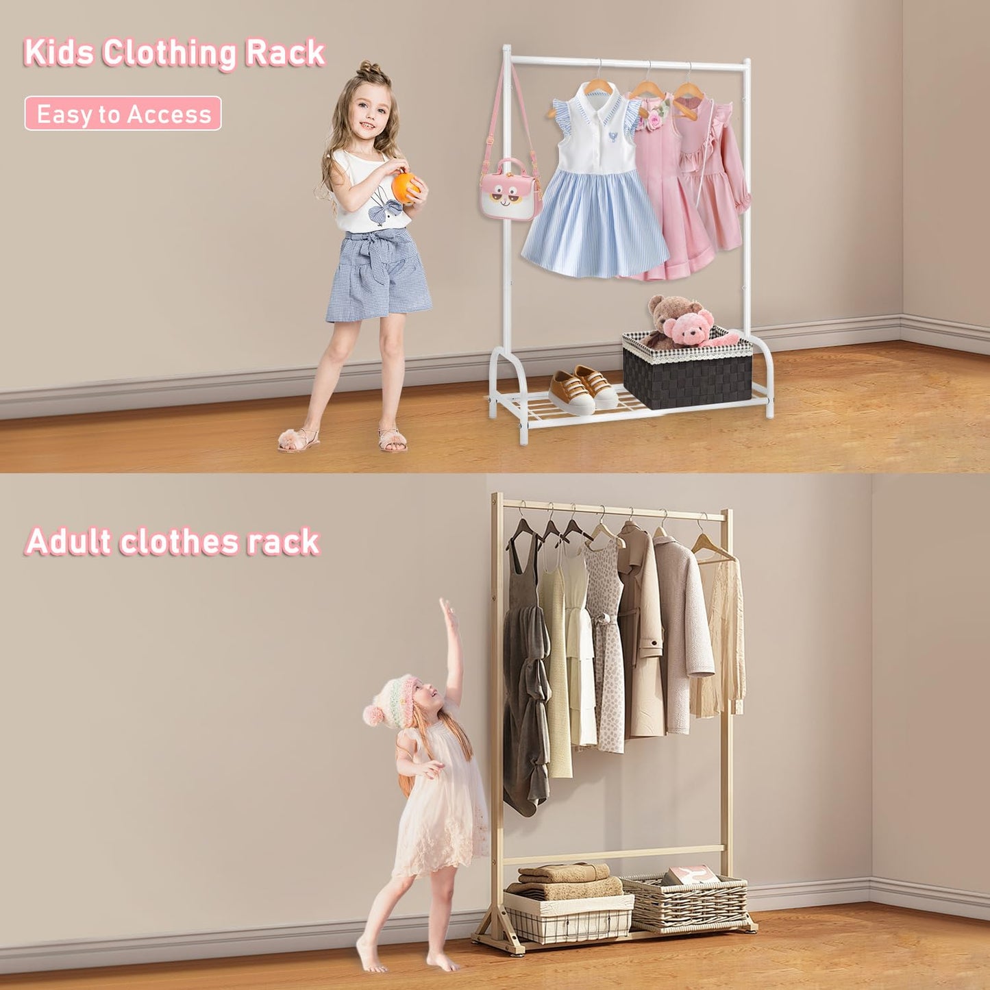 Becomrock Kids Clothing Rack, Small Clothes Shelf with Metal Storage Shelf, Kids Dress Up Storage Rack, (White)