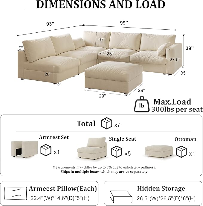 Cloud Modular Sectional Sofa Couch with Storage Ottoman, 99" Oversized Sectional Couches for Living Room, Cloud Modular L-Shaped Sofa with Chaise, 6 Seater, Chenille, Beige