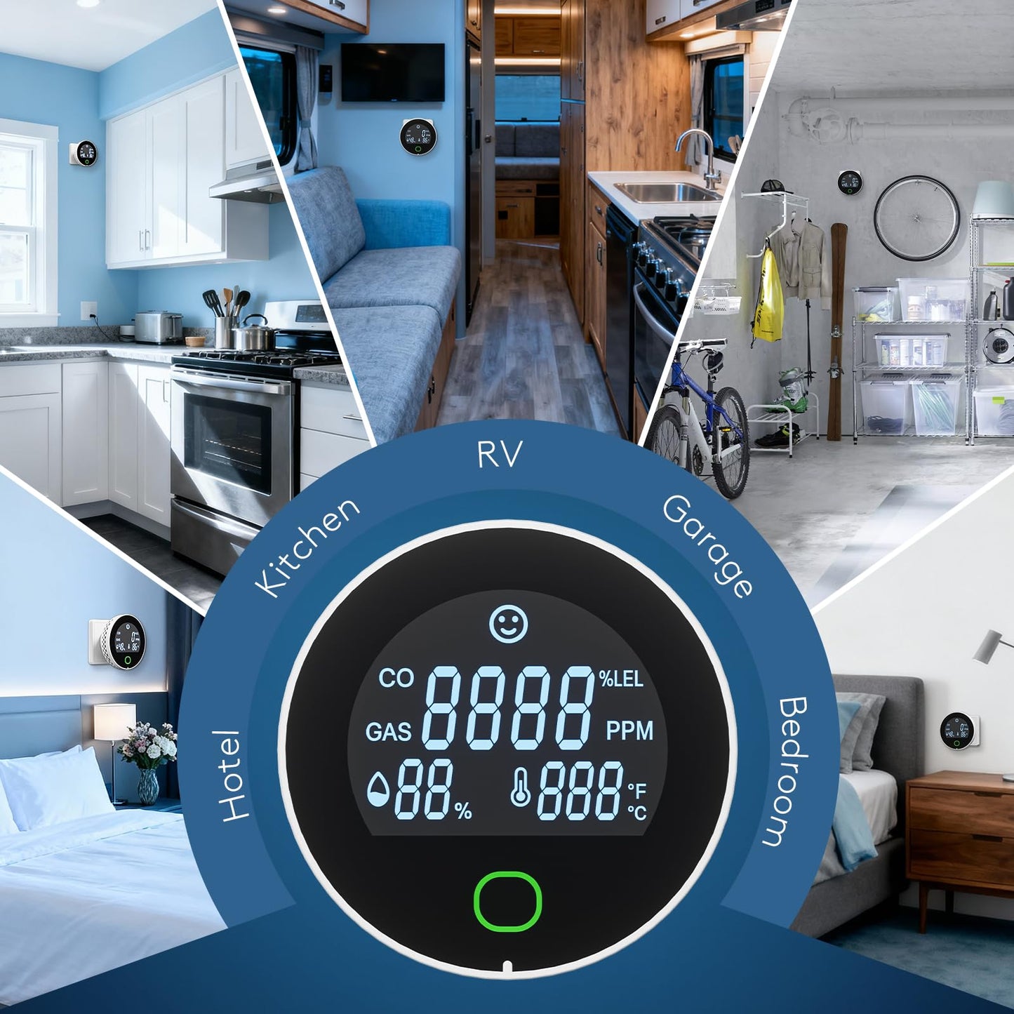 2 Packs 4 in 1 Carbon Monoxide Detectors Plug in, Natural Gas Leak & Carbon Monoxide Detectors, Dual Alarms and HD Screen Display with CO/Gas/Temperature/Humidity for Home/Travel/RV