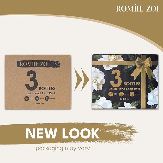 ROMIIE ZOI Hand Soap Refills, Gardenia Liquid Hand Soap, Large 750 ML / 26 FL OZ Bottles (Pack of 3), Gentle & Moisturizing Formula, Natural & Cruelty-Free for Kitchen and Bathroom Soap Dispensers