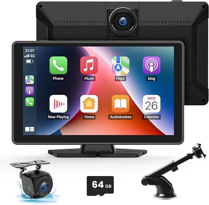 BIGASUO Wireless Carplay Screen for Car 4K Dash Cam, Apple CarPlay & Android Auto,9" HD Touchscreen with 1080P Backup Came...