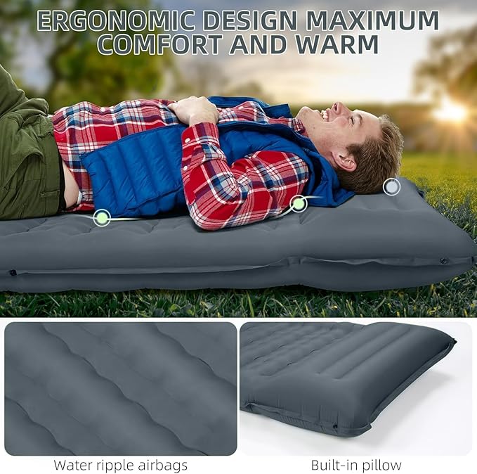 Camping Sleeping Pad, Extra Thick 5 Inch Camping Mat with Pillow, Built-in Foot Pump Inflatable Sleeping Pads Compact for Camping Backpacking Hiking Traveling Tent as Camping Essentials（Gray）
