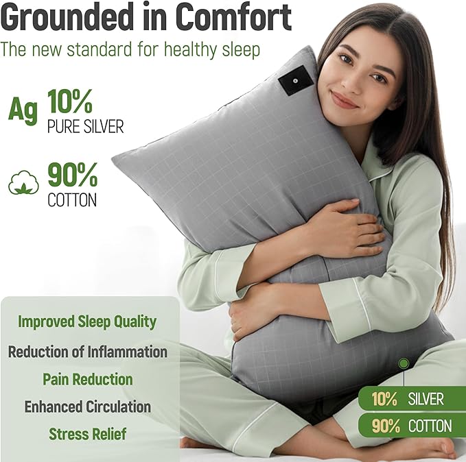 Groundingtop Earth Pillowcase Upgraded 10% Silver Fiber Grounding Pillow case, 90% Cotton Grounded Bed Pillow Cover for Better Sleep Pain Relief Improve Energy, Queen 20x36 Inch, Gray 1PC