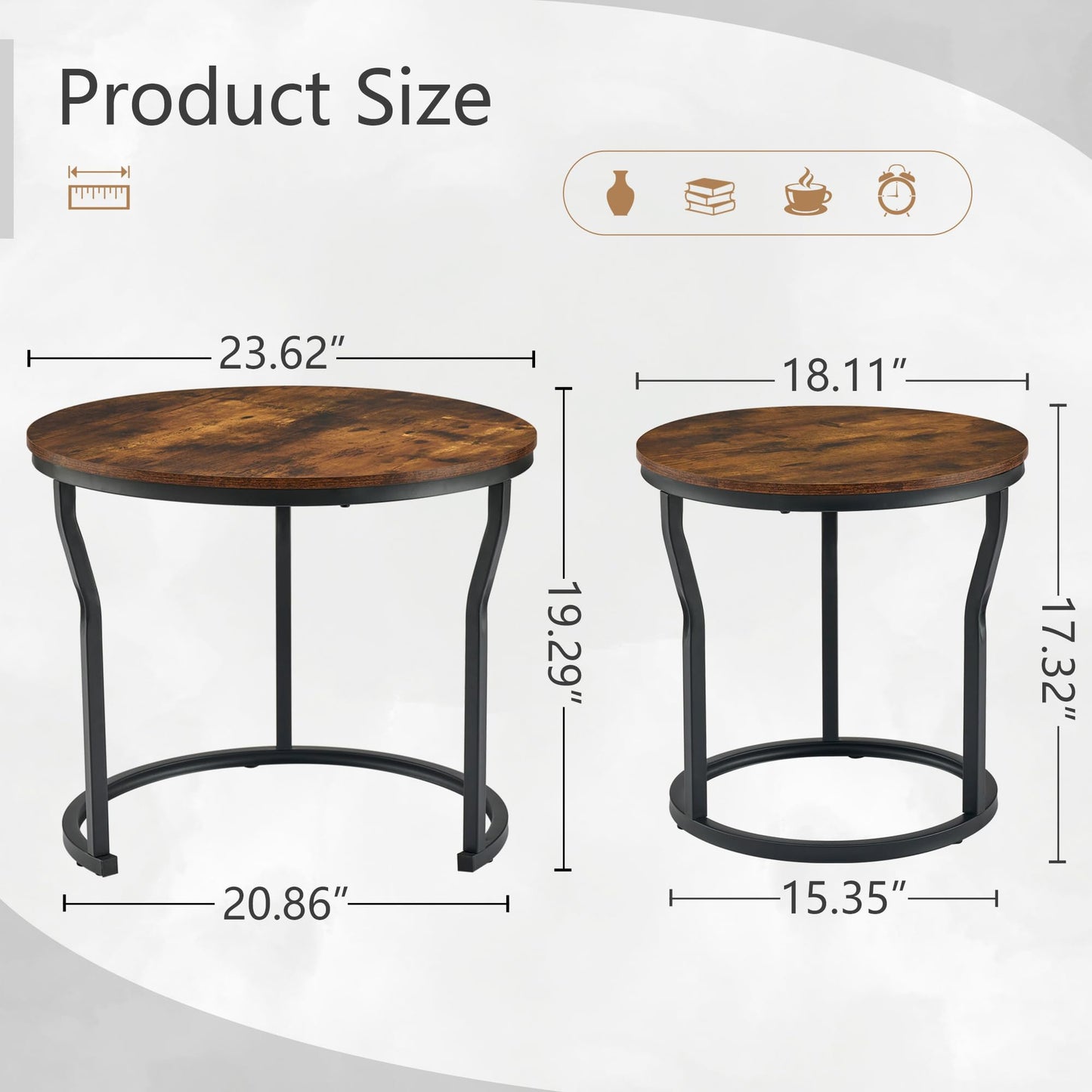Hoctieon Nesting Coffee Tables, Round Nesting Tables Set of 2, End Tables, Stacking Nesting Tables for Living Room, Circle Coffee Tables, Side Tables Wooden Table Top, Rustic Brown