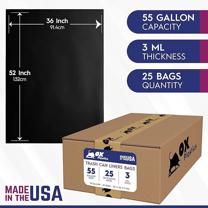 55 Gallon Trash Bags Heavy Duty – Large Black Contractor Bags 36x52" – Industrial, Yard Waste, Lawn & Leaf, Construction Garbage Can Liners – Made in USA (3 Mil, 25 Count)