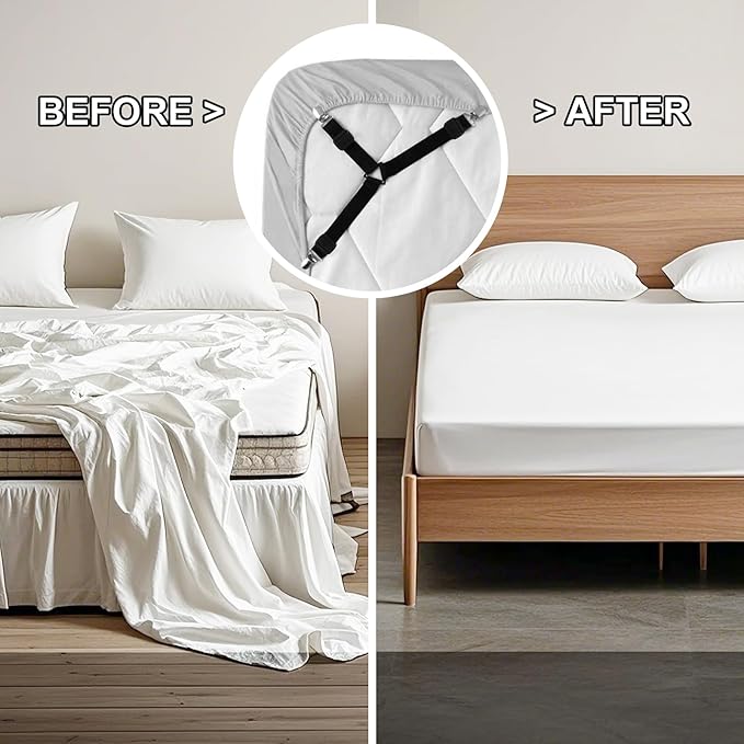 4 PCS Fitted Bed Sheet Straps - Elastic Suspenders with Metal Clips for Bed Sheets, Mattress Covers, Sofa Cushions - Adjustable Fasteners to Keep Sheets Wrinkle-Free (Black-4pcs)