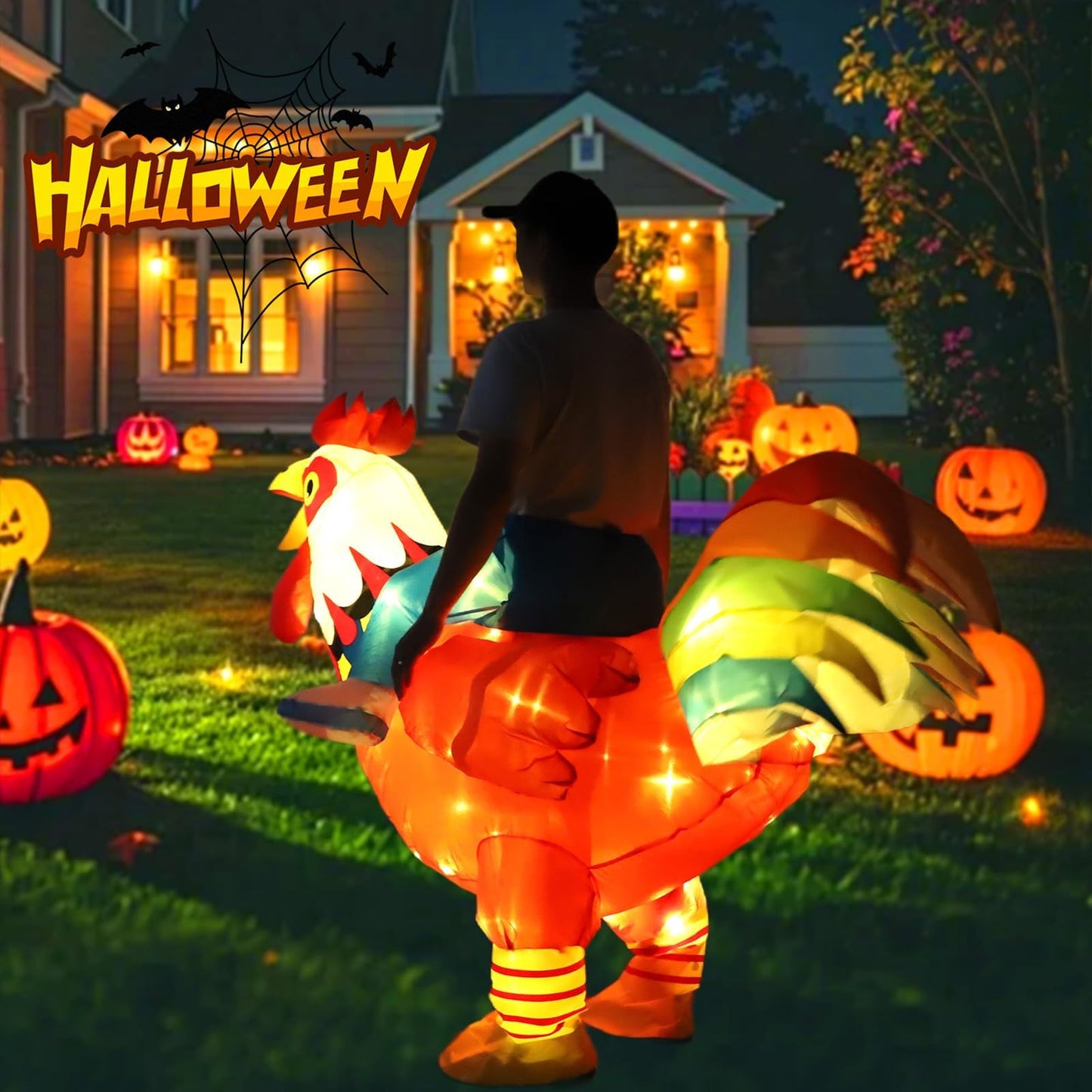 KINQUINN Inflatable Chicken Costume Adult with Lights, Funny Halloween Costume Ride on Rooster Costume for Party Christmas