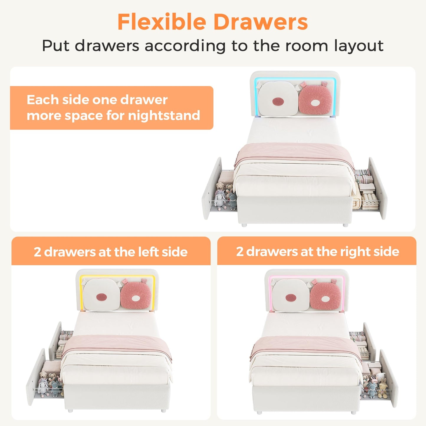 Twin Bed Frame with Boucle Upholstered Headboard, Girls Bed with 2 Drawers, Solid Wood Slats Support, No Box Spring Needed/Easy Assembly, White Twin Bed