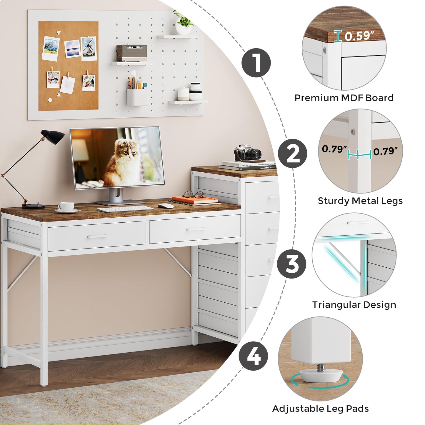 Condemo Vanity Desk with 7 Drawers, 55 inch Makeup Vanity Table with Reversible Drawer for Women, Girls, White and Brown (Without Mirror)