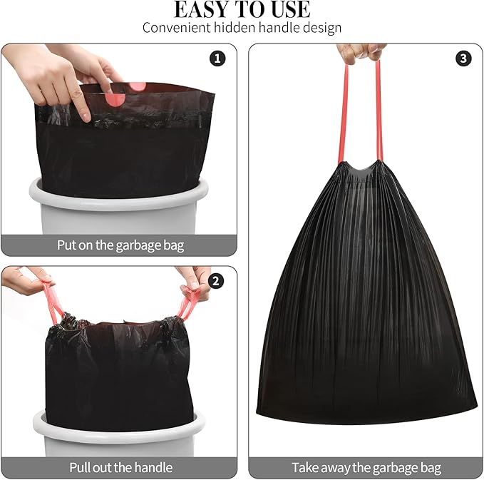 6Rolls Drawstring Small Trash Bags,4 Gallon Thicken Drawstring Small Garbage Bags for Kitchen,Bathroom,Bedroom,Home,Office Trash Cans，120 Counts (Black)