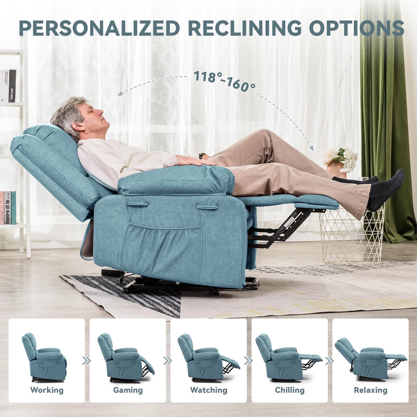 COMHOMA Electric Power Lift Chairs Recliners for Elderly,Recliner Chair with Massage and Heat,2 Side Pockets, USB Ports, Fabric(Blue)