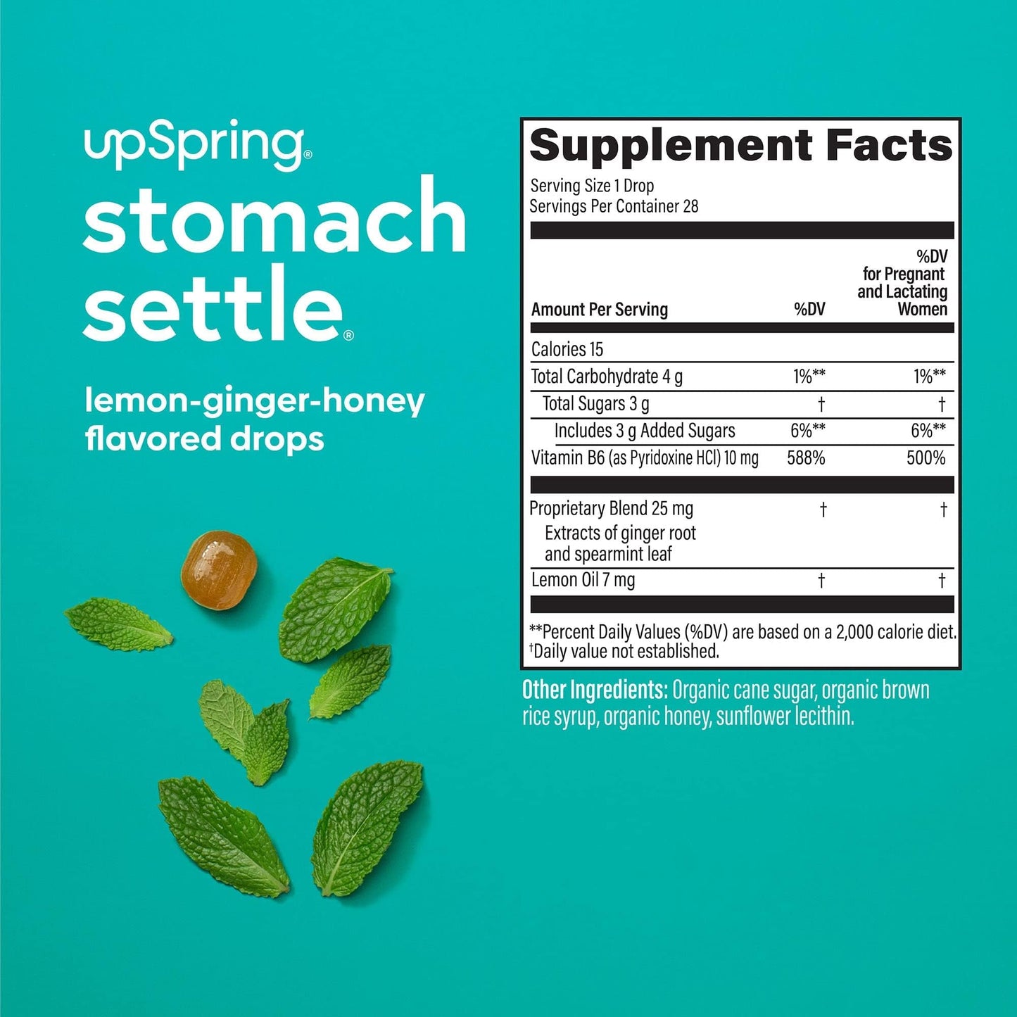UpSpring Stomach Settle Drops for Occasional Nausea Relief/Upset Stomach with Ginger, Lemon, Spearmint, and B6. Mint Flavor Drops, 28 Ct(Packaging May Vary) (Pack of 2)
