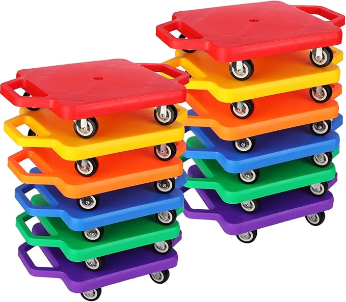 Deekin 12 Pcs Scooter Boards with Handles Bulk for Christmas Family Games Plastic Floor Sitting Scooter for Kids Children Gym Indoor Outdoor Activities Play and Daycare Supplies (Colorful)