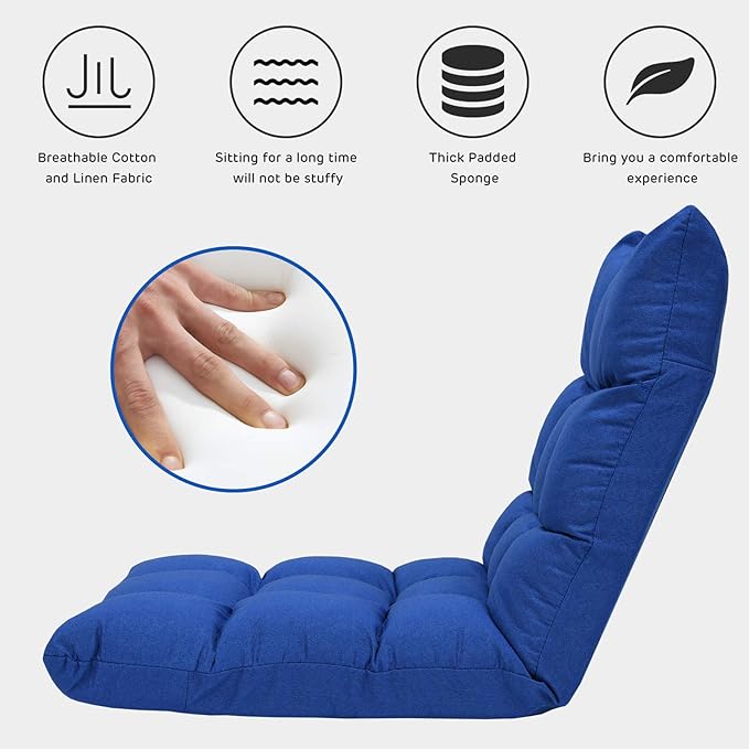 GORELAX Floor Chair with Back Support, 14-Poistion Adjustable Folding Gaming Chair Recliner, Meditation Chair with Steel Frame, Padded Lazy Sofa Chair for Adults, Kids (Blue)