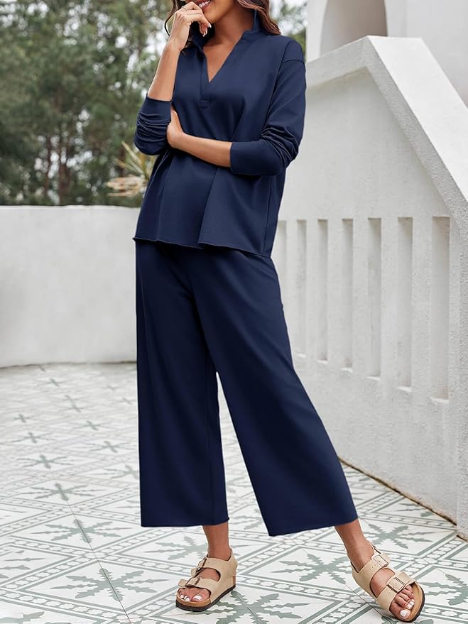 Imily Bela Womens 2 Piece Outfits Sweatsuit Long Sleeve Lapel V Neck Shirt and Wide Leg Pants 2025 Fall Trendy Tracksuit